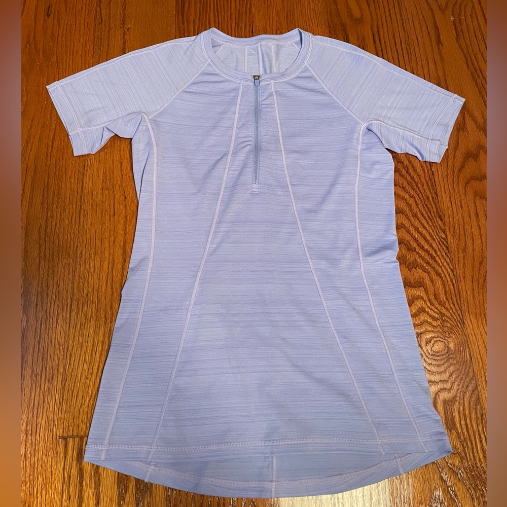 Athleta Women's SMALL Blue Short Sleeve Running Shirt 1/4 Zip Back Pocket
